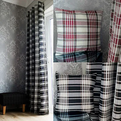 Pair Of Eyelet Tartan Checked Stripe Ready Made Lined Curtains Black Red Natural • £35
