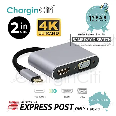 $16.99 • Buy 2 In 1 USB Type-C Thunderbolt 3 To 4K HDMI VGA Adapter For Macbook Laptop Tablet