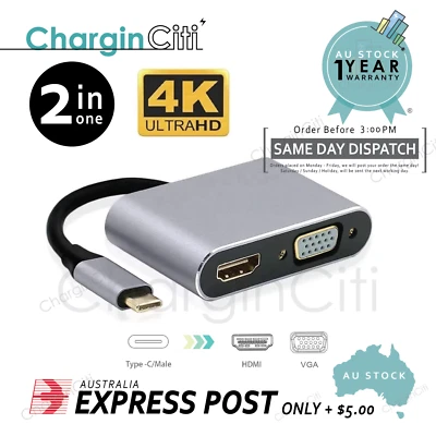 $16.99 • Buy 2 In 1 USB Type-C Thunderbolt 3 To 4K HDMI VGA Adapter For Macbook Laptop Tablet