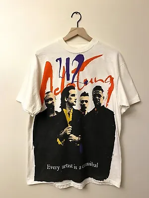 Vintage U2 Achtung 1991 Baby Zoo TV Tour White Band Concert AOP T Shirt Large • $175