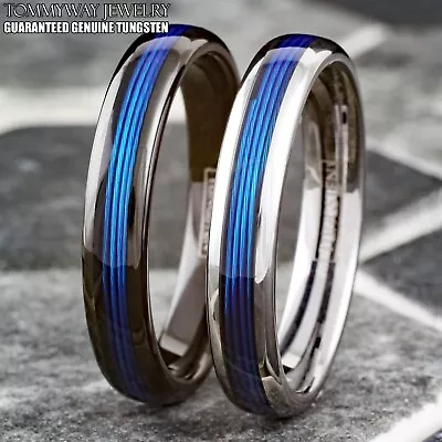 Tungsten Carbide Blue Fishing Line Thin Plain Band - Black Or Silver • $15.99