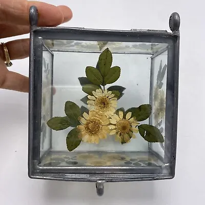 Leaded Glass Dried Flower Jewelry Display Trinket Box Square 4  X 2.5  Vtg Flaw • $21.99