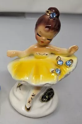 Vintage Josef Originals Ballerina Dancer Figurine Blue Rhinestones Yellow Dress • $298