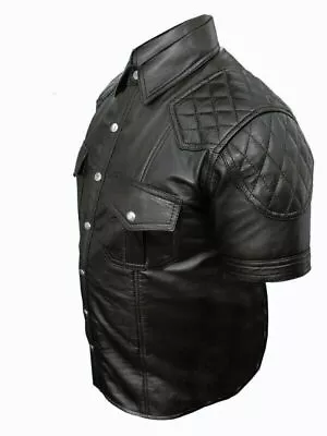 Men's Genuine Slim Fit Black Lambskin Leather Quilted Short Sleeve Shirt Coat • $112.36