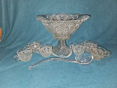 VTG Pressed GLASS PUNCH BOWL W/STAND 6 CUPS And Ladle - MCKEE THE CONCORD SET • $8.99