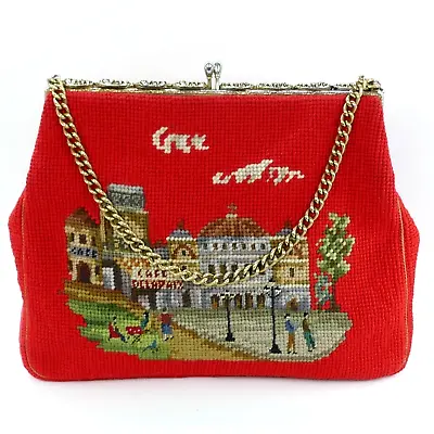 Vintage 1950's Christine Bags Red Needlepoint French Paris Scene Handbag Purse • $150