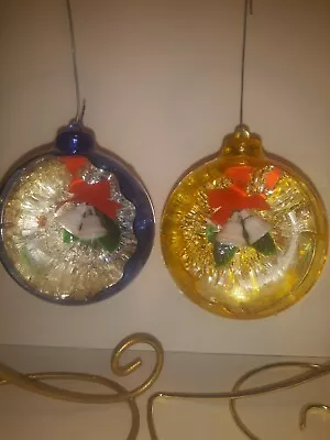 2 Plastic Diorama About 3  Ornaments W/ Bells Inside Vintage  • $20.99