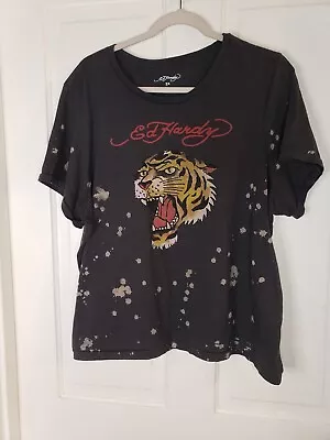 Vintage  Ed Hardy Tiger Graphic Logo Distressed Tee T-Shirt Black 2X • £14.94