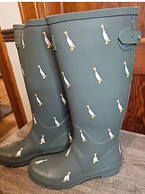 Joules Women's High Rain Boot Welly Print Olive Green Duck Design Size 10 • $65