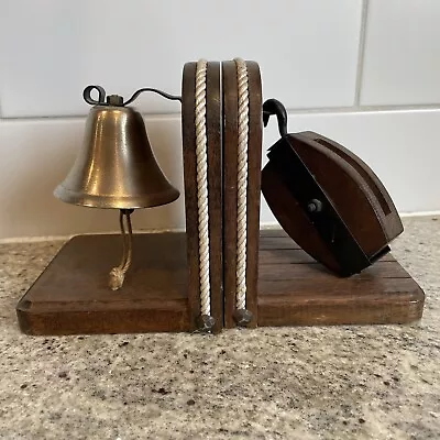 Vintage Bookends Nautical Brass Bell Pulley Winch Rope Japan Wood • $29.95