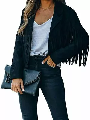 Women's Chic Cropped Tassel Fringe Faux Suede Moto Jacket - Chartou Black XS~XXL • $19.99