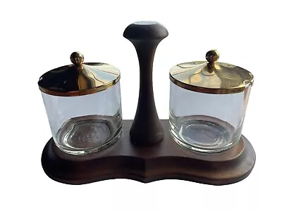 VTG MCM Wood & Glass Condiment Jar Set Holder Copper Lids Japanese? No Spoons • $15