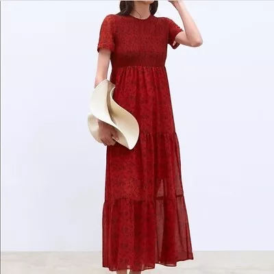 Zara Rusty Smocked Bodice Short Sleeve Tiered Maxi Dress Chiffon Lined Sz M • $28.99