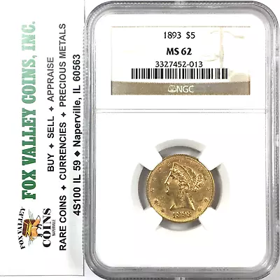 1893-P $5 Liberty Head Half Eagle Gold NGC MS62 Very Lustrous Uncirculated Coin! • $725