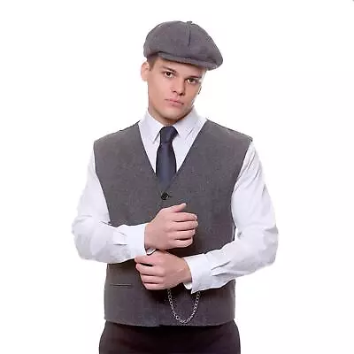 1920s Gangster Waistcoat & Cap Grey Cloth Peaky Gatsby Mob Mafia Fancy Dress • £22.29