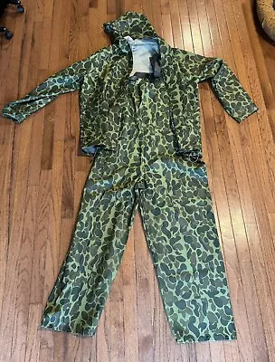 Vintage CABELA’S PVC Rain  2pc SUIT Jacket Bib Camouflage Large • $25