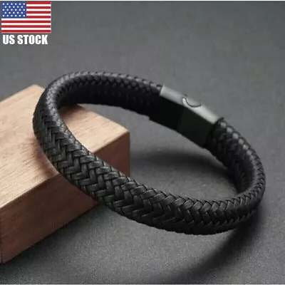 Black Men's Braided Leather Stainless Steel Cuff Bangle Bracelet Wristband USA • $7.63