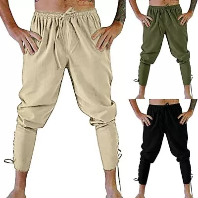 Medieval Men Pants Reenactment Viking Pants Renaissance Lace Up Bandage Trousers • £12.59