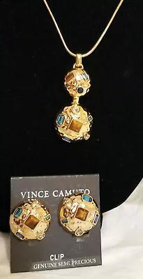 Vince Camuto Genuine Semi Cute Gold Tone Necklace Clip Earrings Set NEW $96 • $55