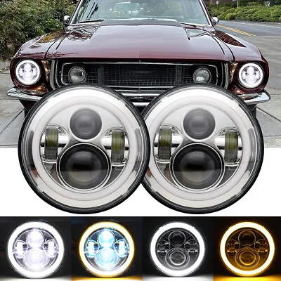 For Ford Mustang 1965-1978 7inch Round LED Headlights Halo DRL Angel Eyes Chrome • $48.99