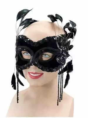 Fancy Dress Venetian Party Masquerade Black Velvet & Feather Face Mask UK • £9.90