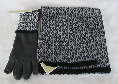 Michael Kors Womens Signature Scarf Hat Gloves Set Beanie Gray MK NWT • $55.95