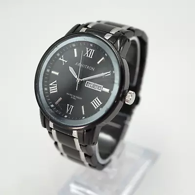 Men's Armitron 41mm Day Date Watch 50m Black Silver Bracelet With New Battery • $14.99