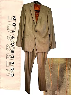 41R VERSACE COLLECTION 2 Pc Suit Shiny Copper/Orange Pinstripe Pants 35”x32” • $138