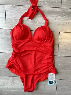 M&S MAGIC SHAPING Tummy Control Padded Ruched Plunge Swimsuit Red Halter Size 22 • £22.50