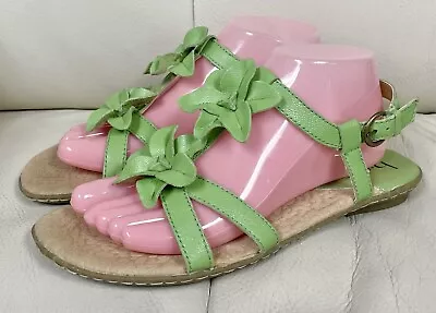 BOC BORN Sandals Size 8 Green T-Strap Leather Sandals W/Flowers Slingback Flat • $16.99