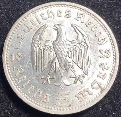 1935 German 5 Mark Reichsmark .900 Silver Coin Paul Von Hindenburg WW2 3rd Reich • $35