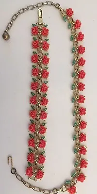 Vintage 50s Thermoset Coral Pink Carved Rose Necklace Bracelet Set Excellent! • $65