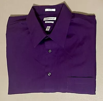 Van Heusen Shirt Mens 17.5 34/35 Purple Regular Fit Poplin Long Sleeve Button Up • $9