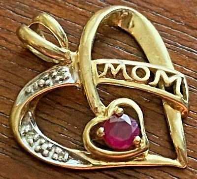 10k Yellow Gold MOM Heart Necklace Pendant W Diamond Accents Ruby Solitaire  • $79.99