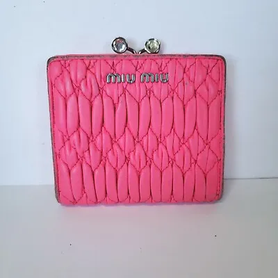 Miu Miu Wallet Matelasse Neon Pink Medium Bifold Card Holder Leather Kisslock  • $70