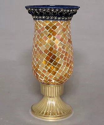 Candle Holder Brass Gold Mosaic Shade Amber Chips  5 D X 10 Tall  FREE SHIPPING • $21.96