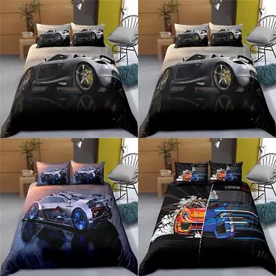 Cartoon Sports Car Racing Speed Black Quilt Duvet Cover Set Bedroom Decor King • $63.99