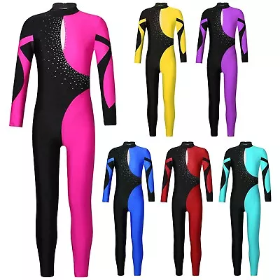 Kids Girls Contrast Color Catsuit Dance Unitard Leotard Gymnastic Bodysuit Jumps • £16.39