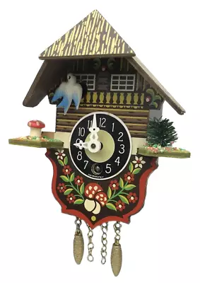 Vtg J Engstler Miniature Coo Coo Clock Wind Up Chalet Blue Bird Mushroom Germany • $39.99