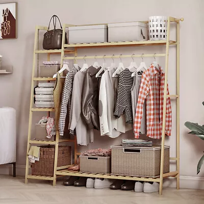 Open Wardrobe Clothes Rail Rack Bedroom Rustic Wood Metal Frame Shoe Shelf Stand • £16.95