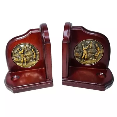 Vintage Golf Cherry Wood Bookends Bronze Medallion Plaques Historical Golfer • $27