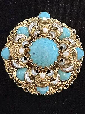 Vintage WEST GERMANY Brass Filigree Turquoise Glass Rhinestone Enamel Brooch Pin • $69.99