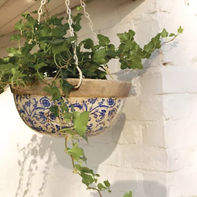 Antiqued Blue & White Ceramic Garden Hanging Planter Pot Plant Flower Herb  • £33.99