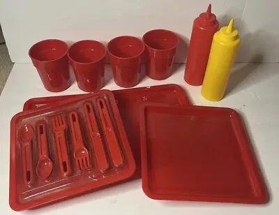 Vintage Complete Picnic Set For 4 Retro Camping W/ Plates Red Plastic • $14