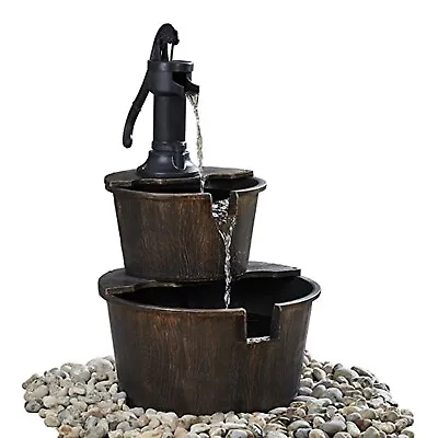£59.99 • Buy 2-Tier Wooden Effect Barrel With Pump Cascading Water Fountain Garden Feature