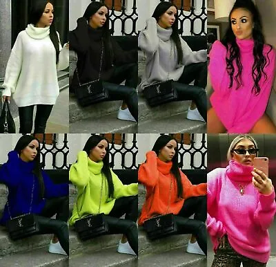 £14.49 • Buy Women Chunky Knitted Baggy Ladies Oversized Jumper High Polo Roll Neck Top Dress
