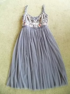 Needle & Thread Floral Embroidered Grey Tulle Midi Dress Size 14 Wedding Party • £49.99