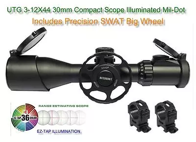 UTG 3-12X44 30mm Compact Scope AO 36-Color Mil-dot Rings W-SWAT Big Wheel • $169.94
