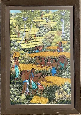 Vtg RARE UBUD BALI BALINESE Folk Art Traditional Life Scene Oil Painting Signed • $249.99