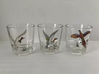 Vintage Whiskey Old Fashioned Glasses Set Of 3 With Ducks & Pheasant Unbranded • $15.95